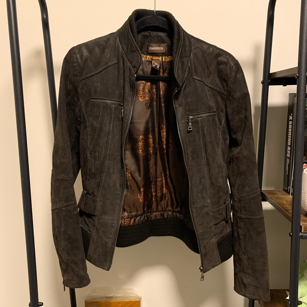 DANIER genuine brown leather jacket with interior floral lining